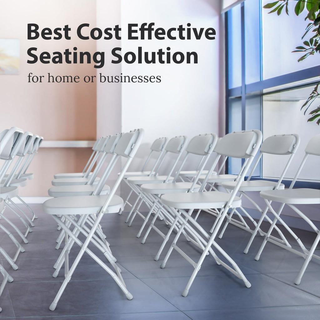 Our Modern Space 10 Pack Foldable Plastic Chair | Folding & Stackable | 350 lbs Capacity Steel Frame Seats for Indoor Outdoor | Commercial Use Events Wedding Party Bulk Picnic Kitchen Dining - White