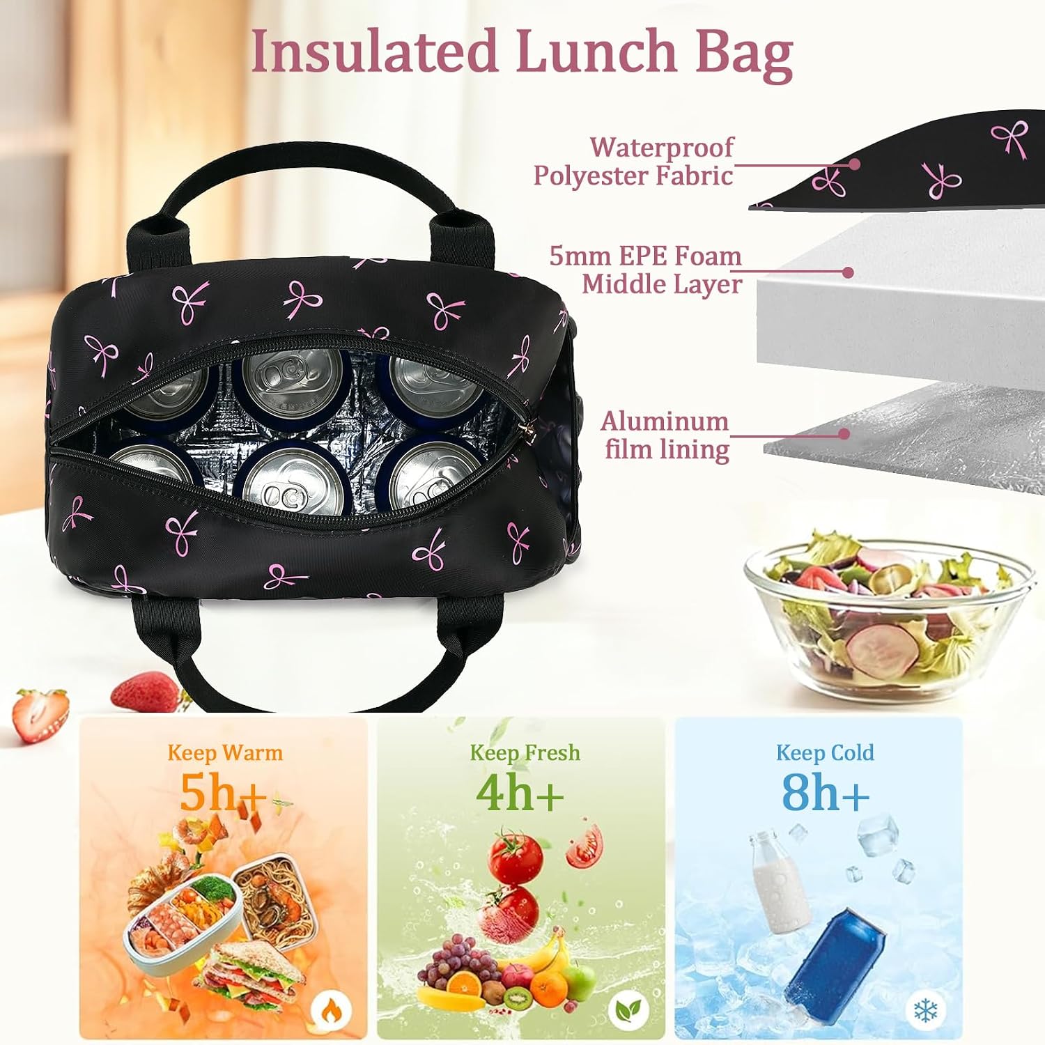 CAMTOP Lunch Box for Women Men Insulated Lunch Bag Lunch Tote Bag Leakproof Thermal Cooler Large Capacity for Travel Work School Picnic (Black Pink Bow)