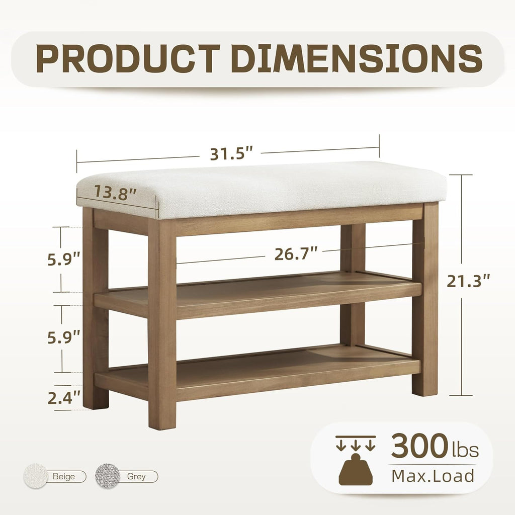 Zihanhome 2 Tier Shoe Rack Bench with Cushion, Solid Wood Shoe Benches, Mid-Century Modern Shoe Storage Bench for Entryway, Hallway, Living Room, Closet, Front Door Entrance, (Beige, 31.5")