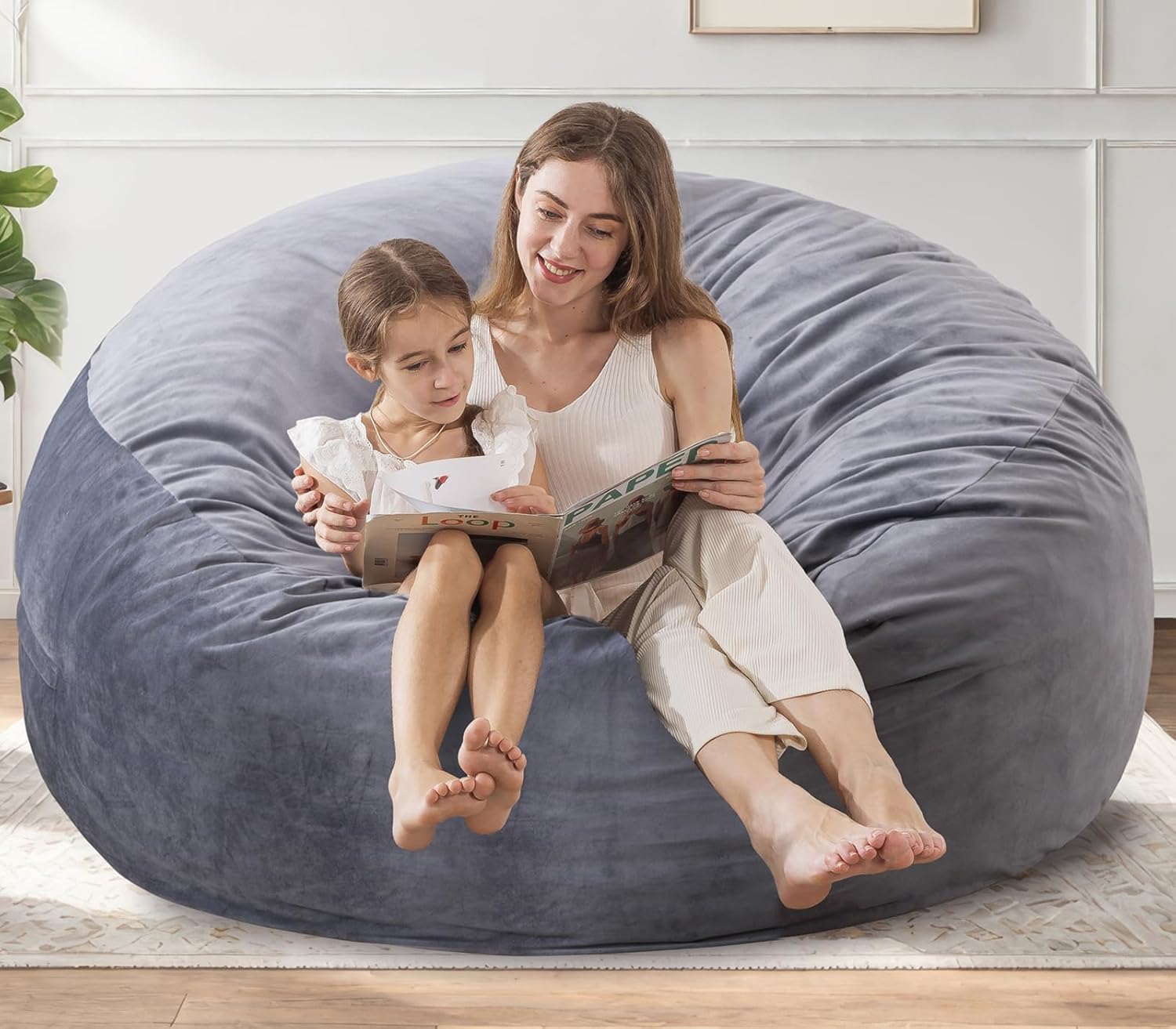 EDUJIN Bean Bag Chair, Memory Foam Bean Bag Chairs for Adults, Soft Velvet Cover, Stylish Beanbag Sofa for Living Room, Convenient Pocket & Pull-Handle Design - 3 Foot, Grey