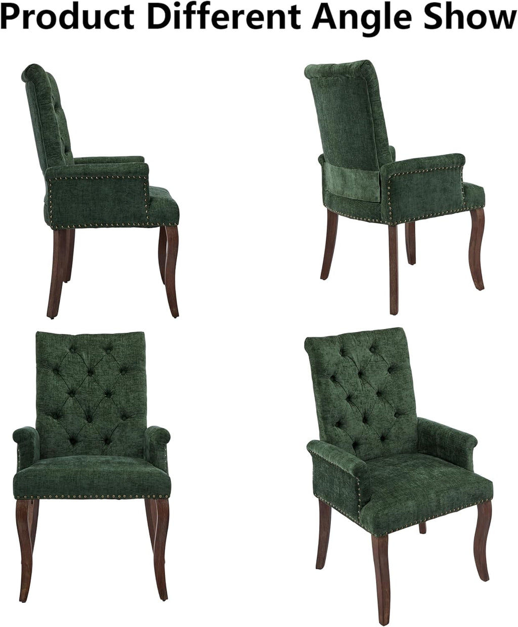 Chenille Tufted Dining Chairs with High Back,Neutral Fabric Upholstered Kitchen Chair with Rustic Solid Wood Legs,Farmhouse Side Chairs with Arms Nailhead Trim for Dining Room (Olive, 2PC)