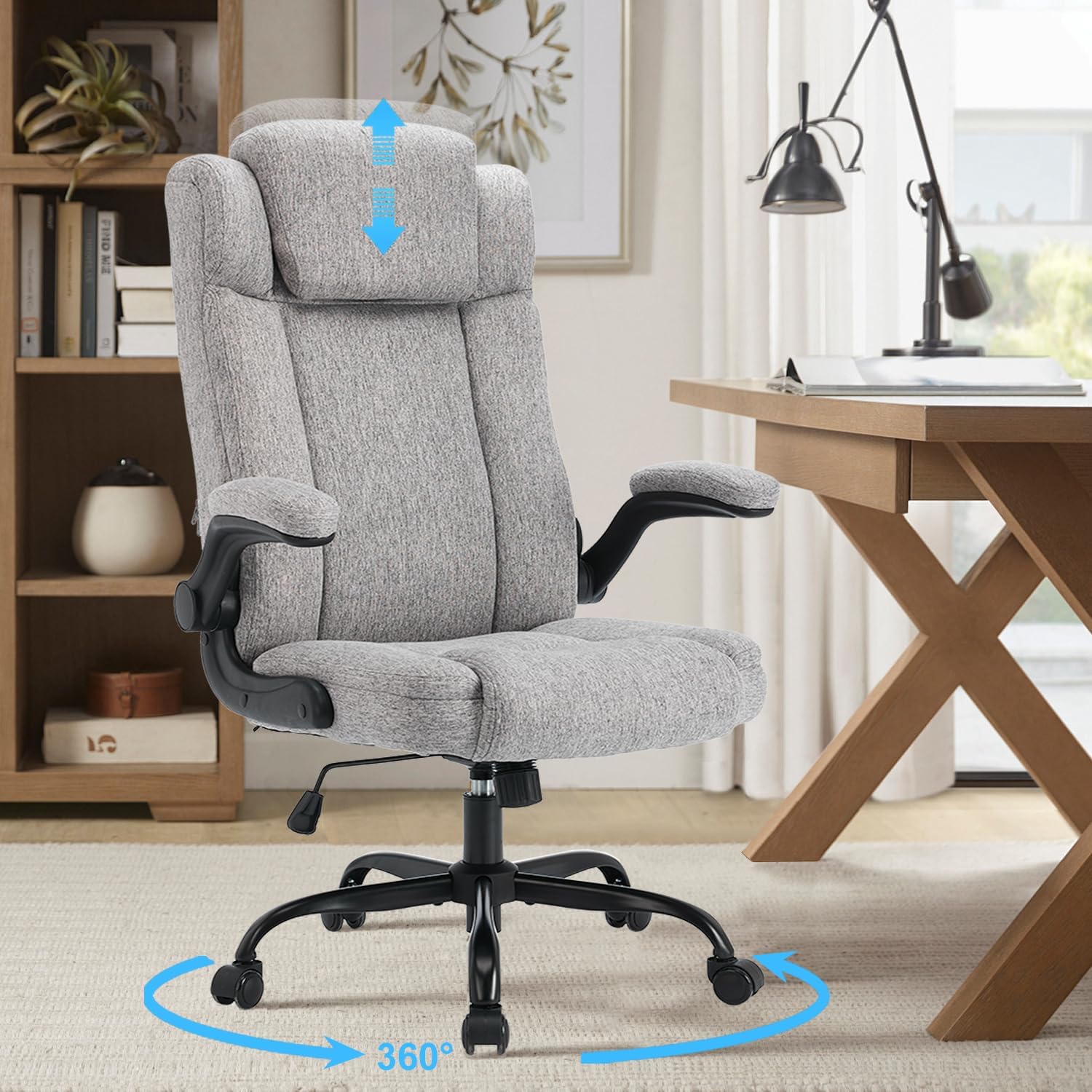 High Back Fabric Office Chair, Ergonomic Computer Desk Chair with Adjustable Headrest & Flip-up Armrests, 120° Tilt Rock Function, 400 lbs Weight Capacity for Home Office & Lumbar Support