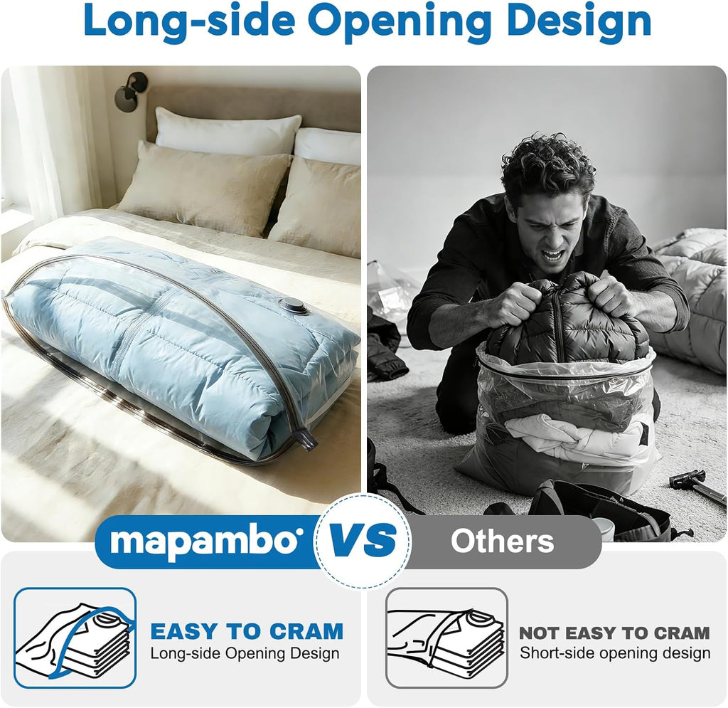 Mapambo Vacuum Seal Bags for Clothing Travel with -60000Pa LED Pump, 15 Pack Travel Cordless Vacuums Bag Set with Pump in 3 Combo Sizes. Vacuums Storage Bags for Clothes (15 Combo)