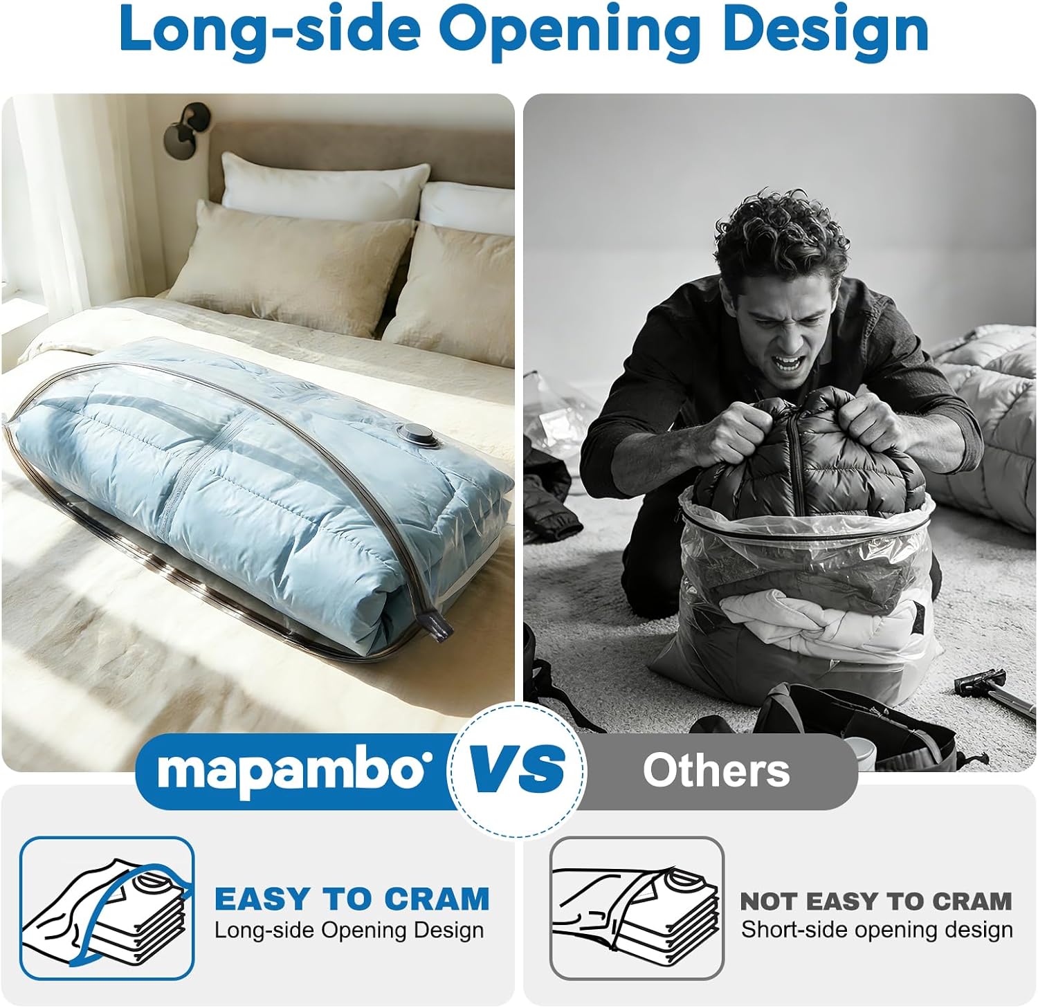 Mapambo Vacuum Seal Bags for Clothing Travel with -60000Pa LED Pump, 15 Pack Travel Cordless Vacuums Bag Set with Pump in 3 Combo Sizes. Vacuums Storage Bags for Clothes (15 Combo)