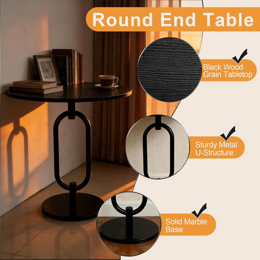 17In(W) x19In(H) Black Round Side Table Heavy Duty Modern End Table Stable Sofa Side Table Sturdy Base Integrated Small Accent Table Nightstand for Living Room Bedroom