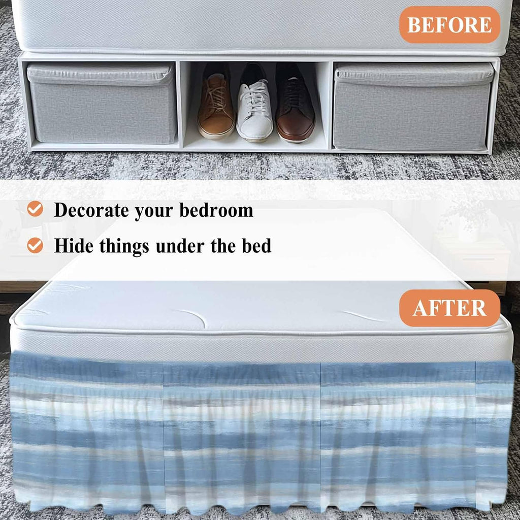 Gray Blue Ombre Bed Skirt King Size Bed Skirting 16 Inch Drop Adjustable Elastic Dust Ruffles Wrap Around Bedskirt Pleated Modern Abstract Watercolor Stripes Bedding Frame Cover for King Size Dorm
