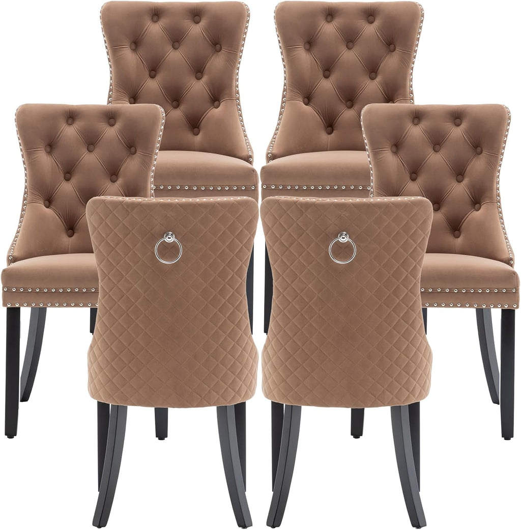 Velvet Dining Chairs Set of 6, Upholstered Dining Room Chairs with Nailhead Trim, Sillas de Comedor Modernas 6, Wooden Kitchen Chairs for Dining Room, Living Room, Kitchen, Bedroom, Brown