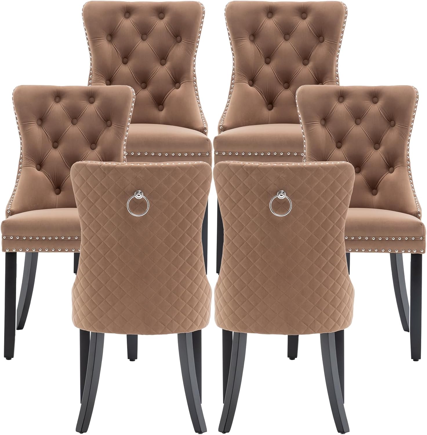 Velvet Dining Chairs Set of 6, Upholstered Dining Room Chairs with Nailhead Trim, Sillas de Comedor Modernas 6, Wooden Kitchen Chairs for Dining Room, Living Room, Kitchen, Bedroom, Brown