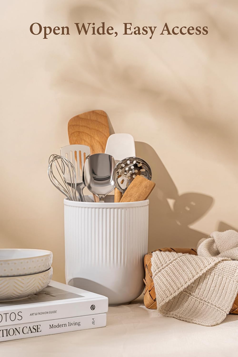 FOBENTA Utensil Holder, 7.3’’+5.4’’ Ceramic Kitchen Utensil Holder for Countertop, Large Utensil Crock–Cooking Utensil Organizer for Spatula & Spoon, Modern Kitchen Decor, Set of 2, White