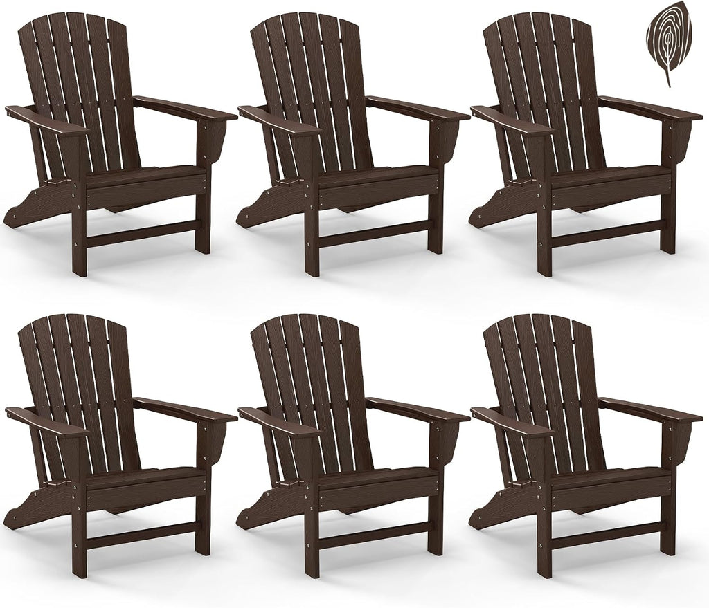 GREENVINES Adirondack Chairs Set of 6 | Wood Grain HDPE Plastic | Oversized Fire Pit Chair | All Weather | Dark Brown | Poly Lumber | for Outdoor Deck Backyard Patio Garden