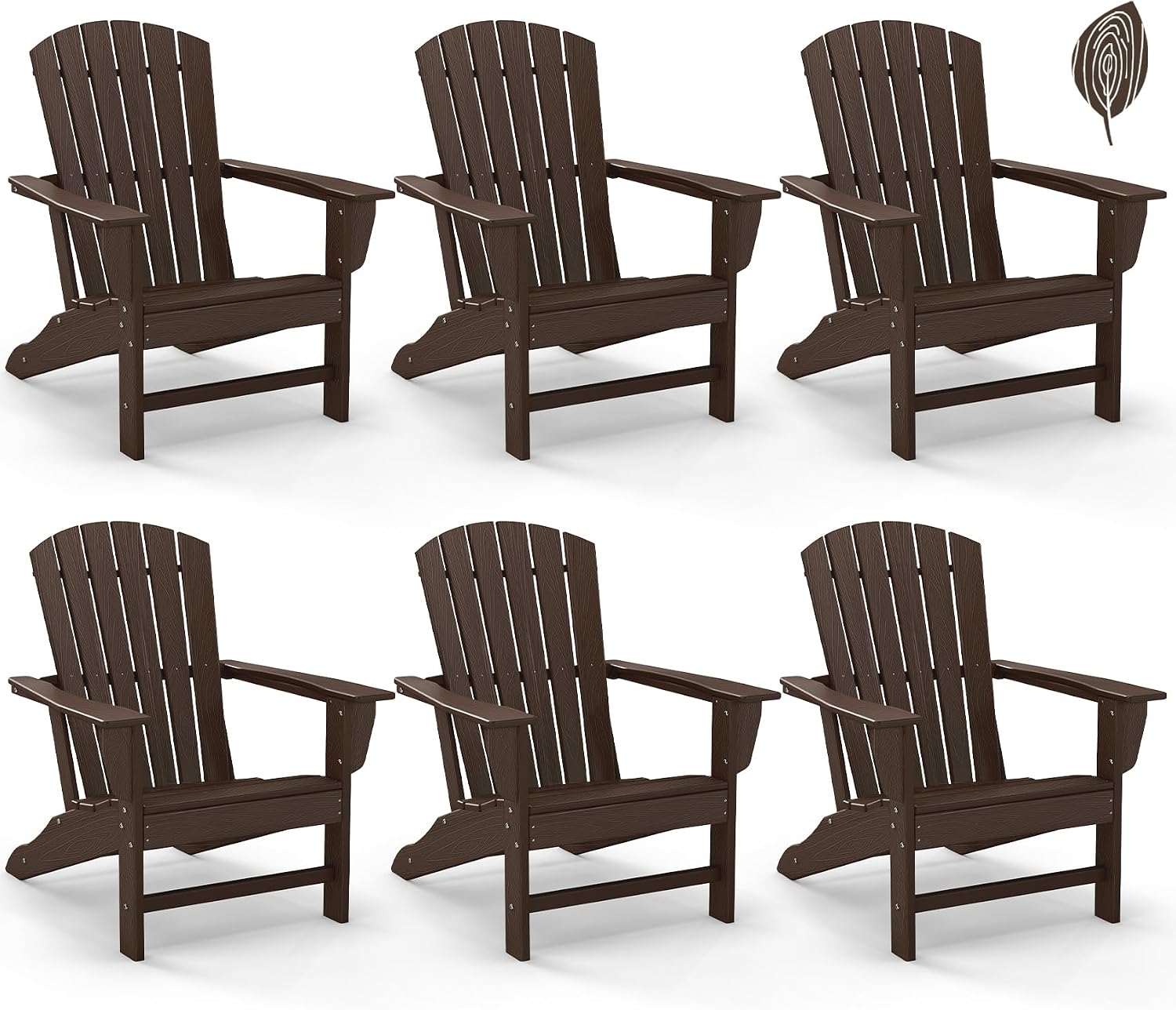 GREENVINES Adirondack Chairs Set of 6 | Wood Grain HDPE Plastic | Oversized Fire Pit Chair | All Weather | Dark Brown | Poly Lumber | for Outdoor Deck Backyard Patio Garden