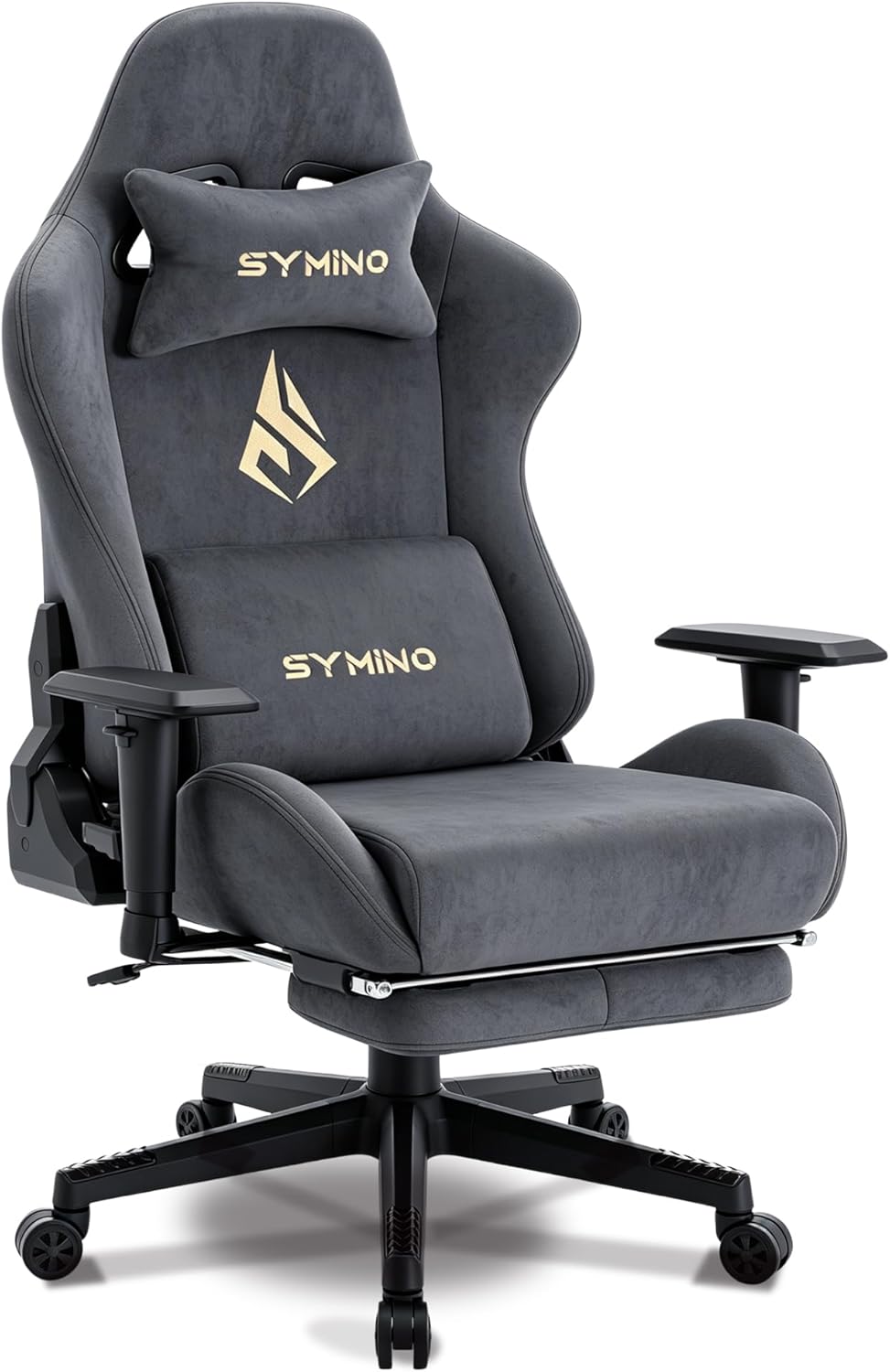 Symino Gaming Chair, Ergonomic Office Chair with 2D Armrests, 150° Recline, Breathable Faux Suede Fabric, Adjustable Headrest, Computer Desk Chair for Home Office, with Footrest, Grey