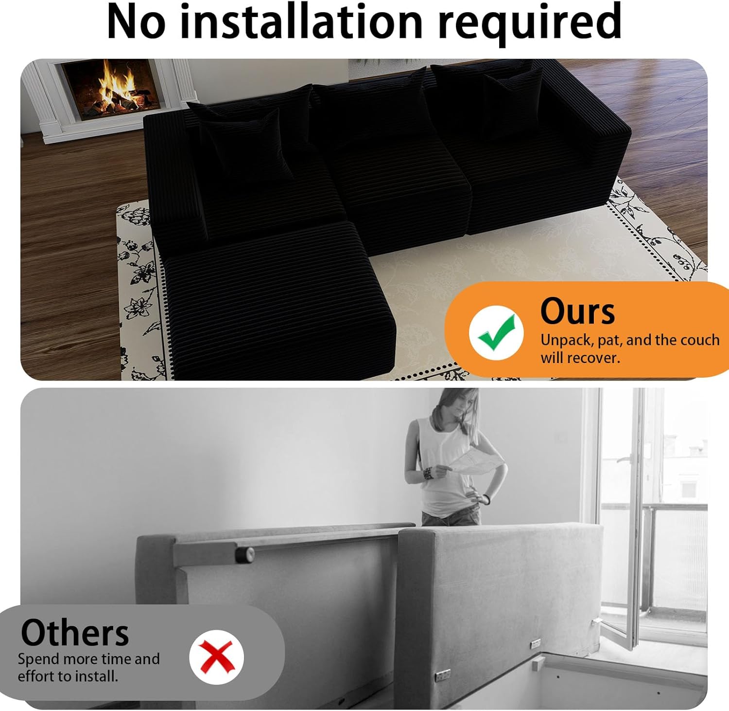 Oversized Cloud Couch Ottoman, Frameless Wide-Wale Corduroy Footrest for Living Room, High-Density All-Foam Large Rectangle Boneless Ottoman Coffee Table for Sectional Sofa (Black, Ottoman)