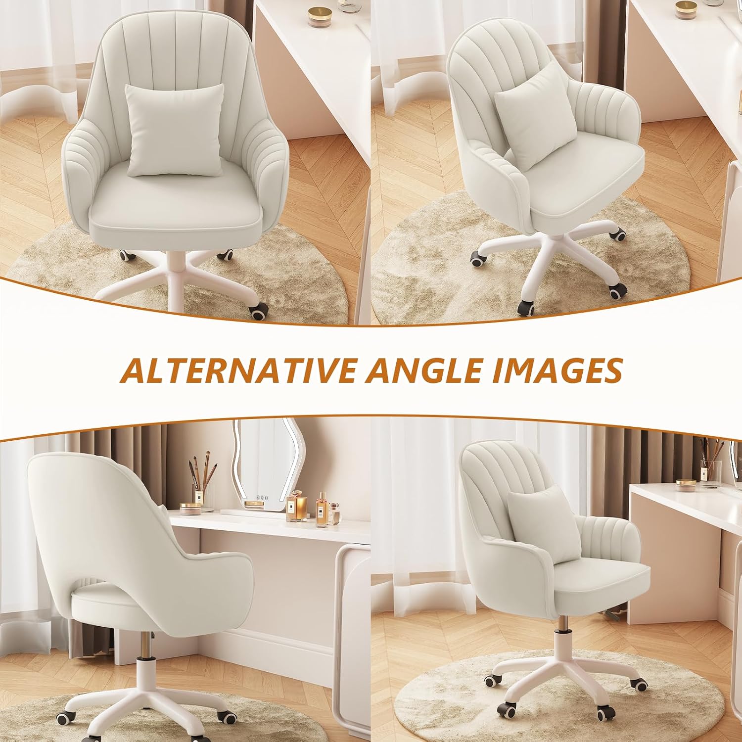 Mid-Back Velvet Desk Chair, Height Adjustable Swivel Vanity Chair with Wheels, Rolling Accent Chair for Home Office, Bedroom, Living Room, Cream