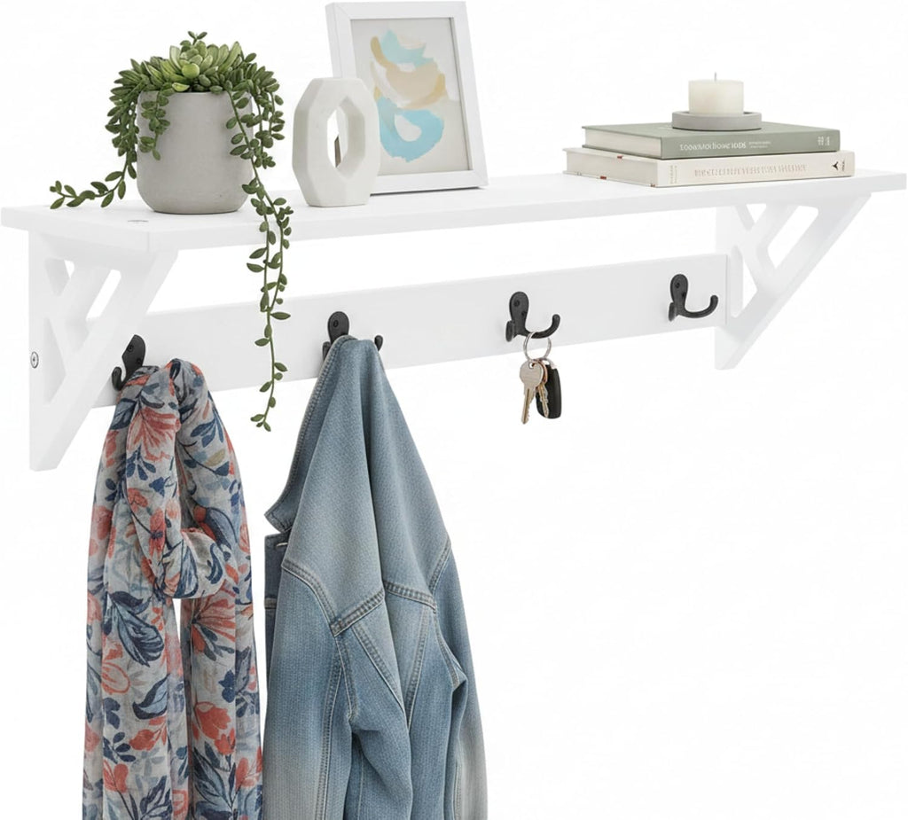 Coventry Wall Mounted Coat Rack with Shelf – Modern 36-Inch Entryway Wall Organizer with 4 Double Hooks – Space-Saving Storage for Apartments, Small Spaces, or Mudroom by Alaterre Furniture (White)