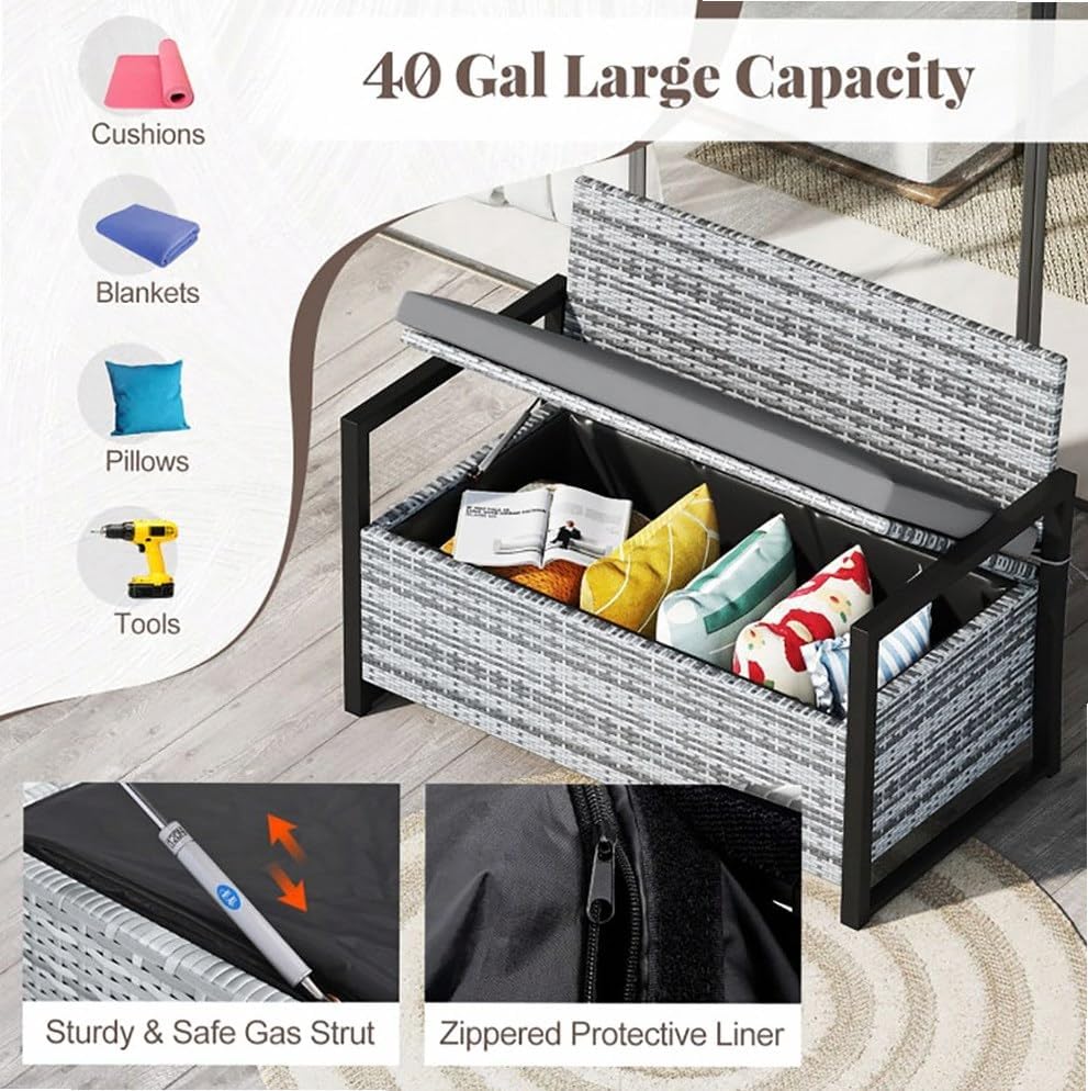 Gray Rustic PE Rattan Outdoor Storage Bench 24.5x46x33.5in, 800lb Capacity, 40 Gal Under-Seat, Weather-Resistant for Patio