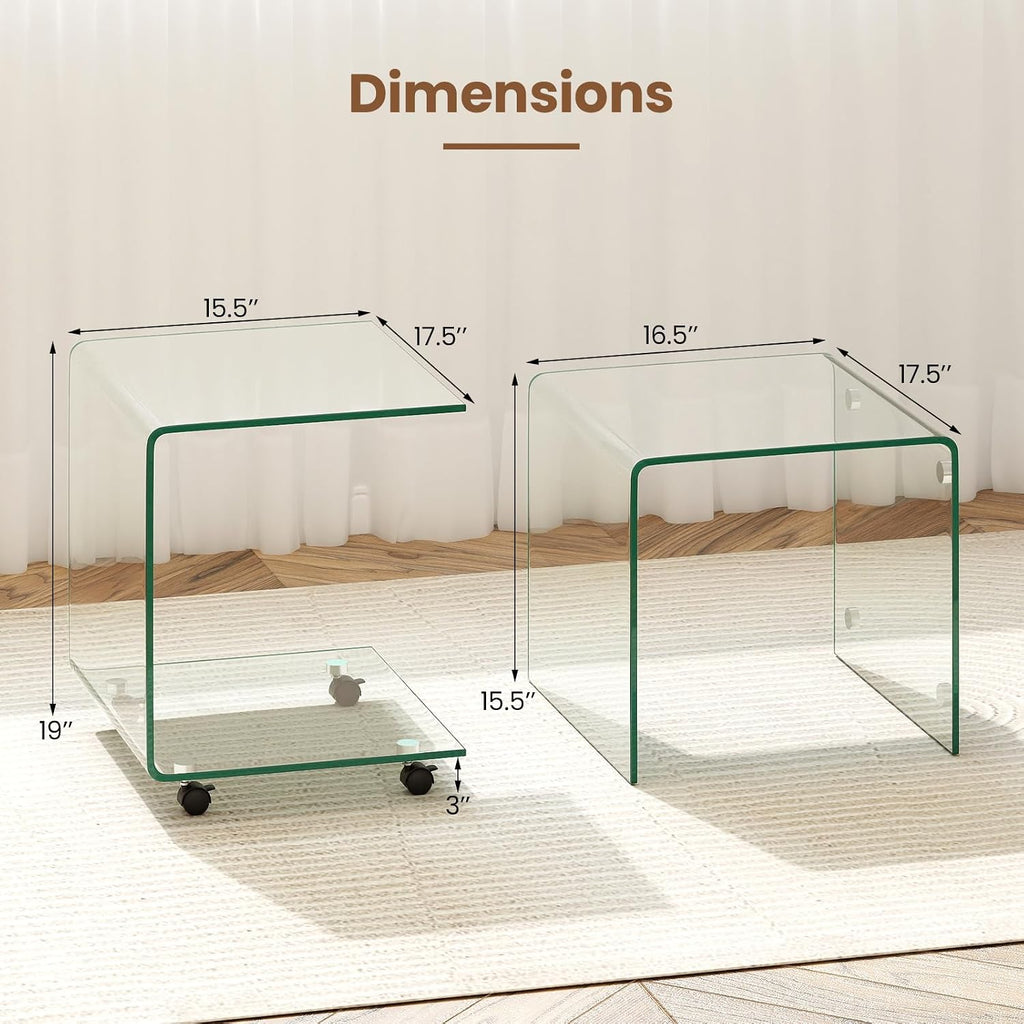 BECOMFORT Tempered Glass C-Shape End Table, Rolling Side Table with 4 Lockable Universal Wheels & Storage, Mobile Clear Night Stand for Sofa Couch Living Room Bedroom Office (1, Clear)
