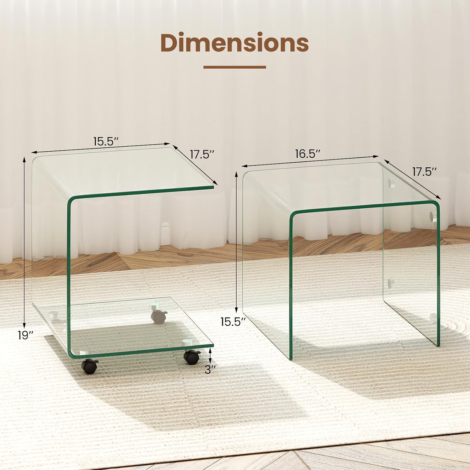 BECOMFORT Tempered Glass C-Shape End Table, Rolling Side Table with 4 Lockable Universal Wheels & Storage, Mobile Clear Night Stand for Sofa Couch Living Room Bedroom Office (1, Clear)
