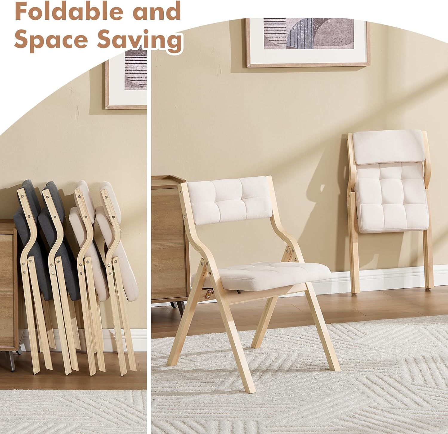 Folding Dining Chairs Set of 4,Padded Foldable Dining Chairs with Cushion,Portable Wooden Folding Chairs for Dining Rooms Kitchen Wedding and Party Indoor Beige