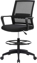 Home Office Tall Drafting Chair, Ergonomic Standing Drafting Office Chair Adjustable Height with Lumbar Support Arms Footrest Mid Back Desk Chair, Swivel Rolling Simple Chic Mesh Computer Chair, Black