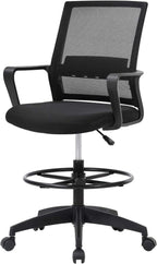 Home Office Tall Drafting Chair, Ergonomic Standing Drafting Office Chair Adjustable Height with Lumbar Support Arms Footrest Mid Back Desk Chair, Swivel Rolling Simple Chic Mesh Computer Chair, Black