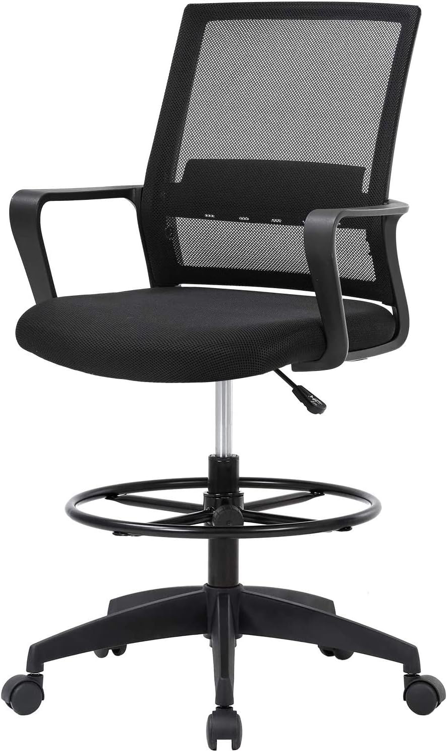 Home Office Tall Drafting Chair, Ergonomic Standing Drafting Office Chair Adjustable Height with Lumbar Support Arms Footrest Mid Back Desk Chair, Swivel Rolling Simple Chic Mesh Computer Chair, Black