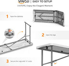 VINGLI 6 FT Narrow Folding Table, Tabletop Folded in Half, Premium Quality HDPE Material and Sturdy Metal Frame, Perfect for Buffet, Seminar, Party, Training, Home Work, White