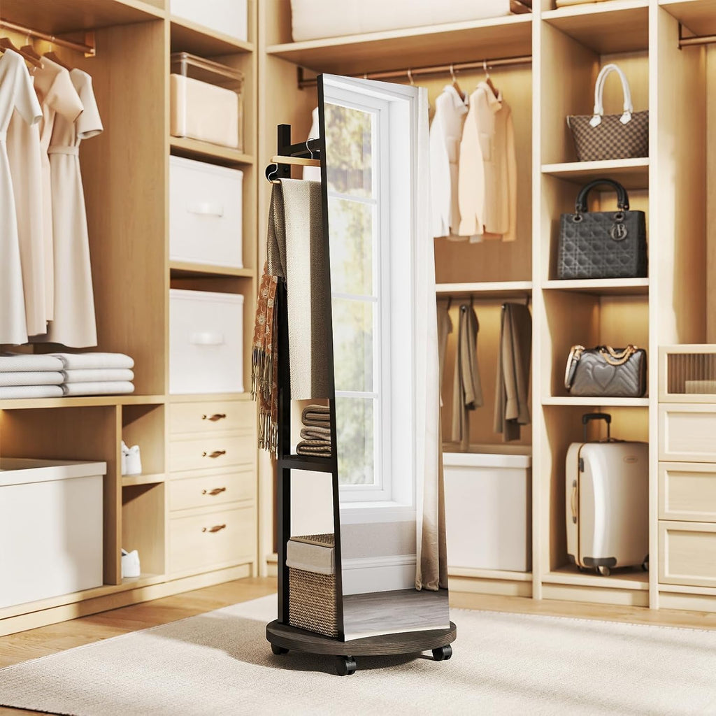 Tangkula Full Length Mirror with Coat Rack, Swivel 55" Standing Floor Mirror on Wheels with Shelves, Hanging Rods & Hooks, Coat Tree with Full Body Mirror for Living Room, Entryway, Bedroom