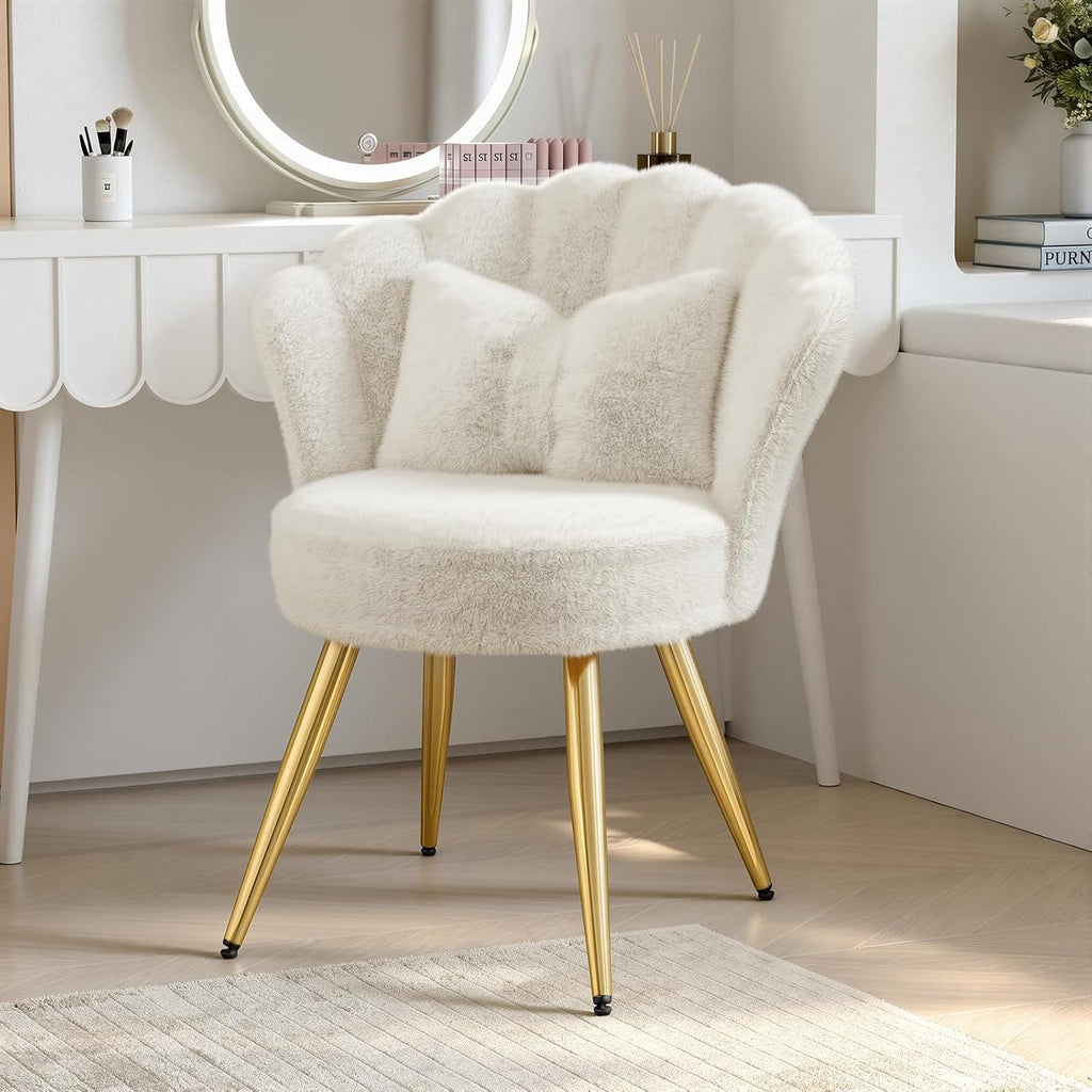 Plush Velvet Sherpa Accent Chair with Gold Metal Legs, Fluffy Vanity Chair for Makeup Room, Upholstered Guest Chair for Living Room, for Bedroom, Cream White