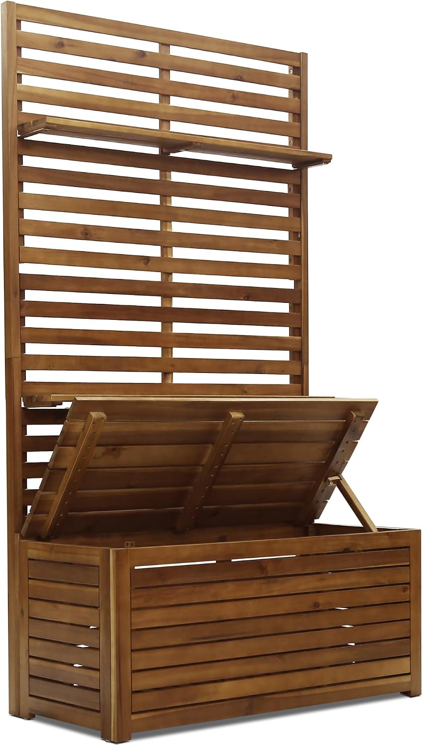 Acacia Wood Mud Bench with Storage and Display Shelves, Classic Wooden Slats for Entryway Organization and Home Interior