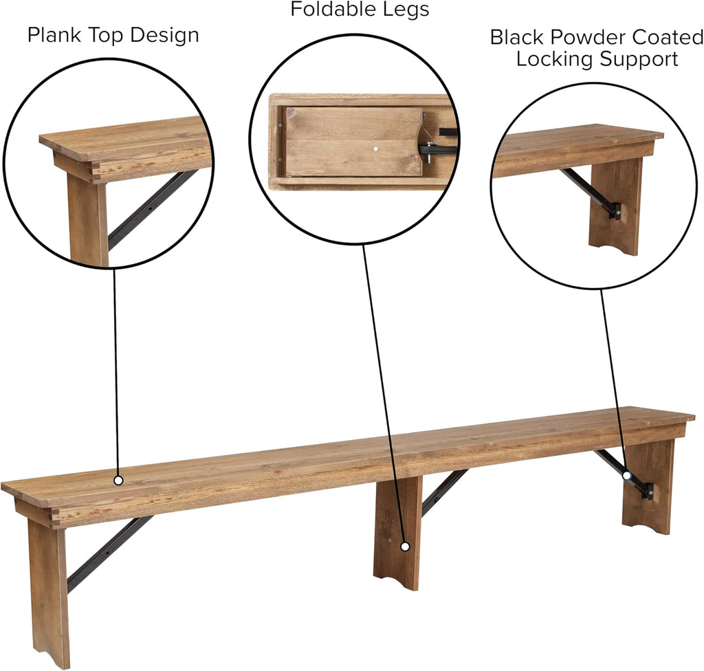 EMMA + OLIVER 8' x 12" Antique Rustic Solid Pine Folding Farm Bench with 3 Legs
