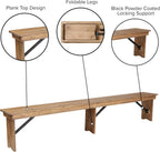 EMMA + OLIVER 8' x 12" Antique Rustic Solid Pine Folding Farm Bench with 3 Legs