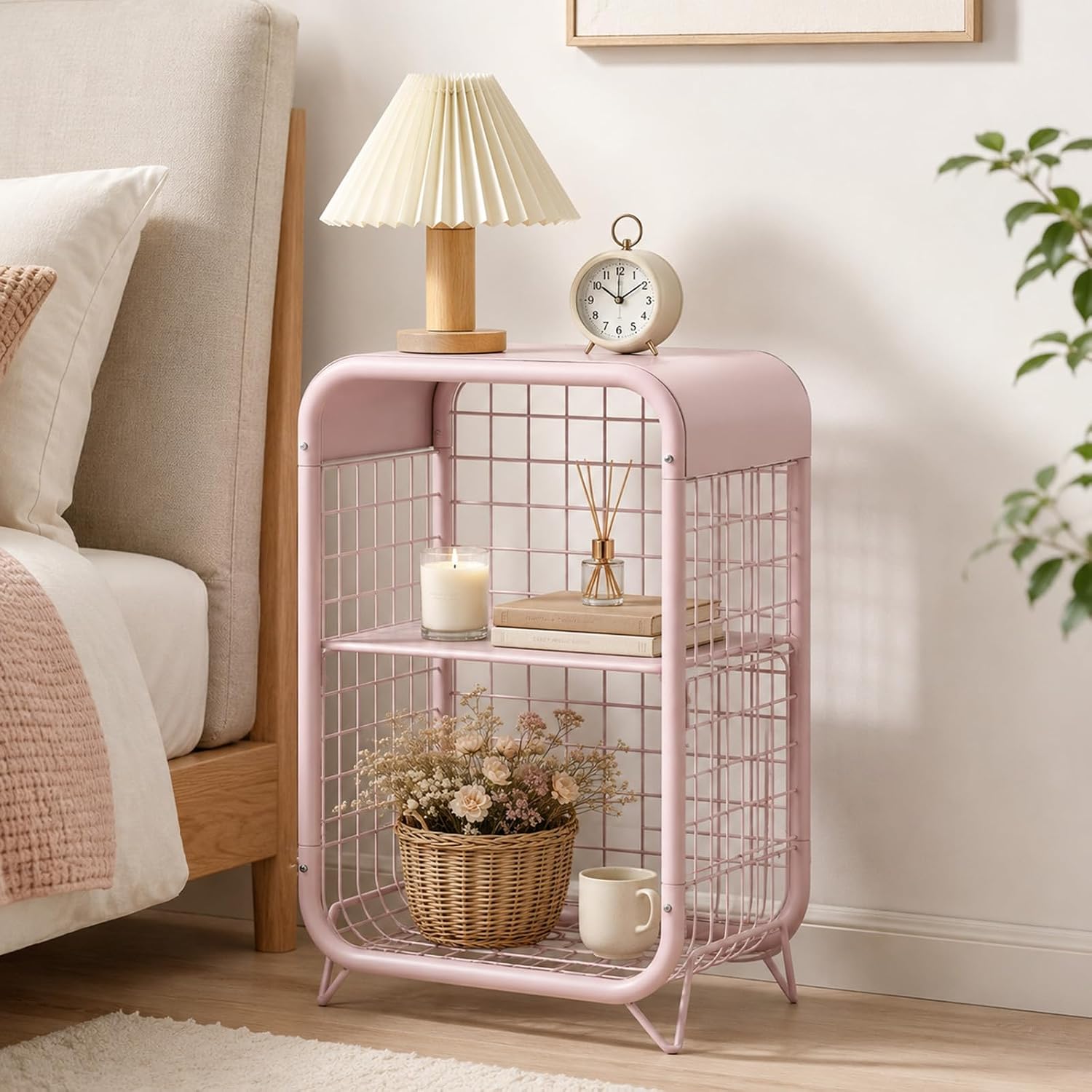 Pink Nightstand with Storage, Metal End Table, 3-Tier Side Table, Narrow Bedside Table for Bedroom, Small Space Accent Table for Living Room, Dorm, Office