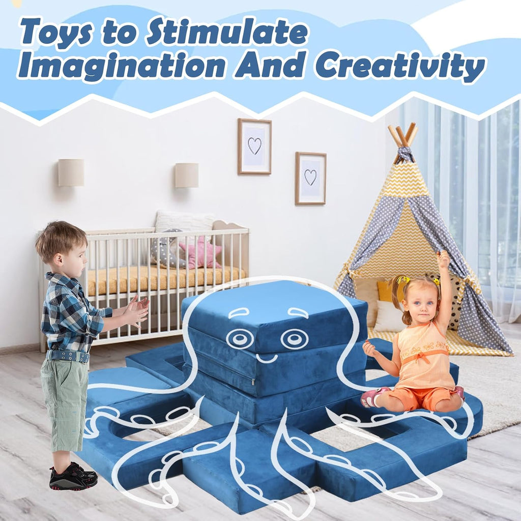 12pcs Modular Kids Play Couch,Kids Couch Building Fort Toddler Modular Sectional Sofa,DIY Creativing Convertible Foam Play Couch for Playroom Bedroom Furniture(Dark Blue,12PACK)