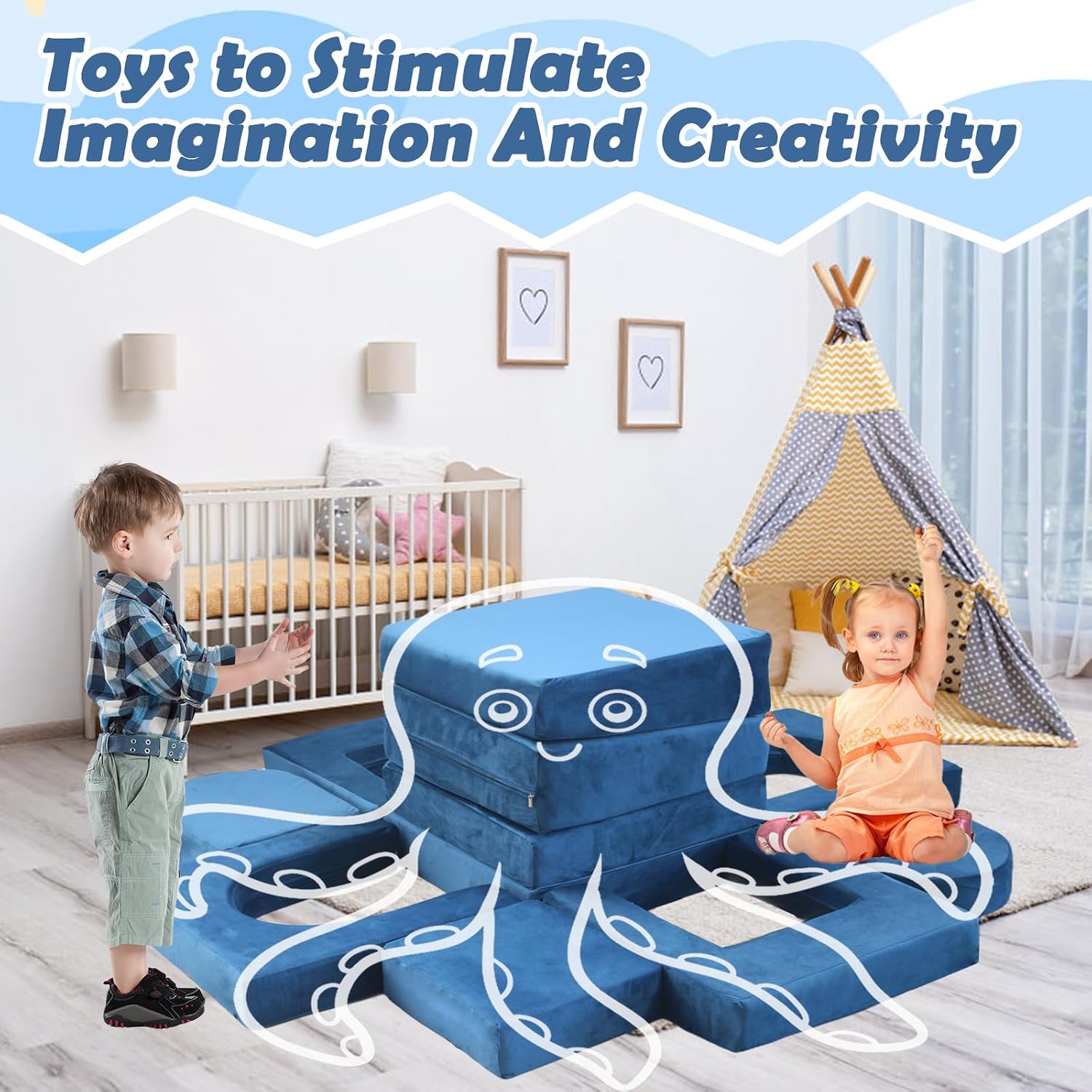 12pcs Modular Kids Play Couch,Kids Couch Building Fort Toddler Modular Sectional Sofa,DIY Creativing Convertible Foam Play Couch for Playroom Bedroom Furniture(Dark Blue,12PACK)
