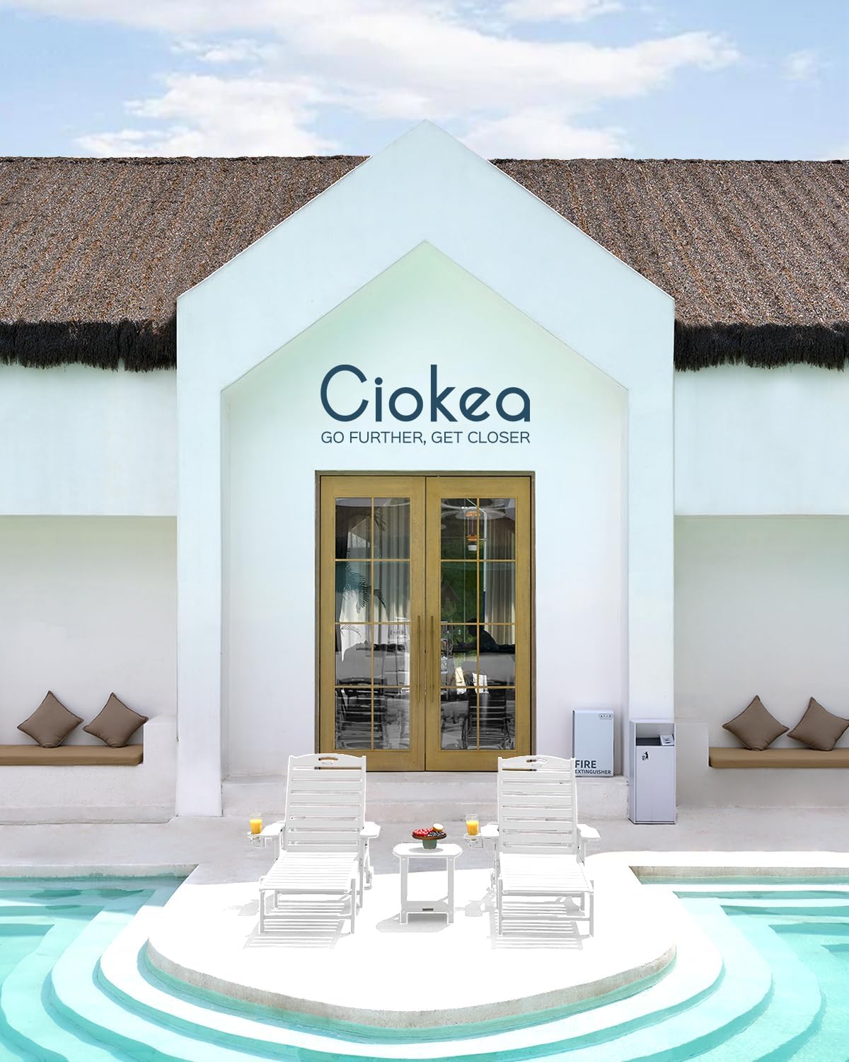 Ciokea Lounge Chair Outdoor Set of 4, Oversized Chaise Lounge Chair with 5 Positions, HDPE, Patio Lounge Chairs with Wheels & Cup Holder for Lawn, Pool, Deck, Poolside, White