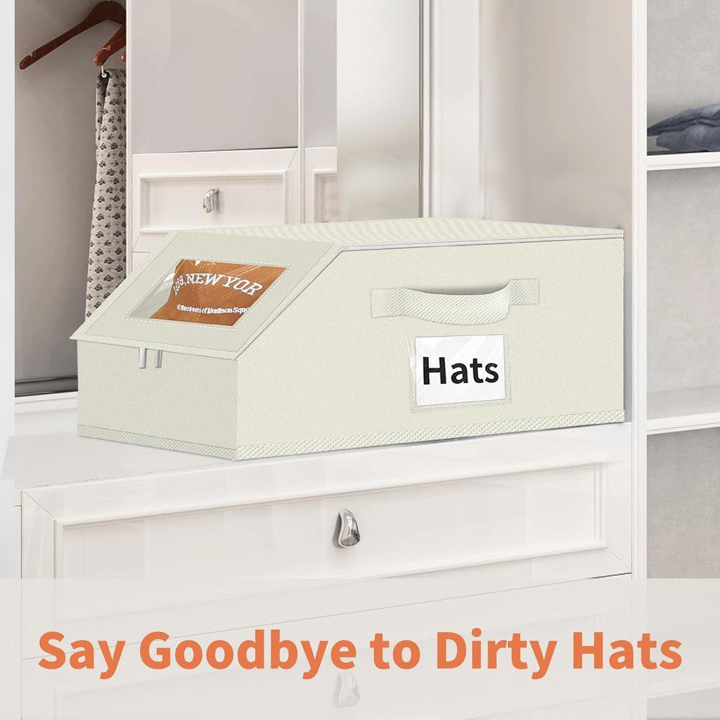 Aokeyee Hat Organizer for Baseball Caps - 2PCS Stackable Storage with Clear Window Lid, Flip-Top Access, Space-Saving Hat Box for Closet, Breathable Fabric (beige)