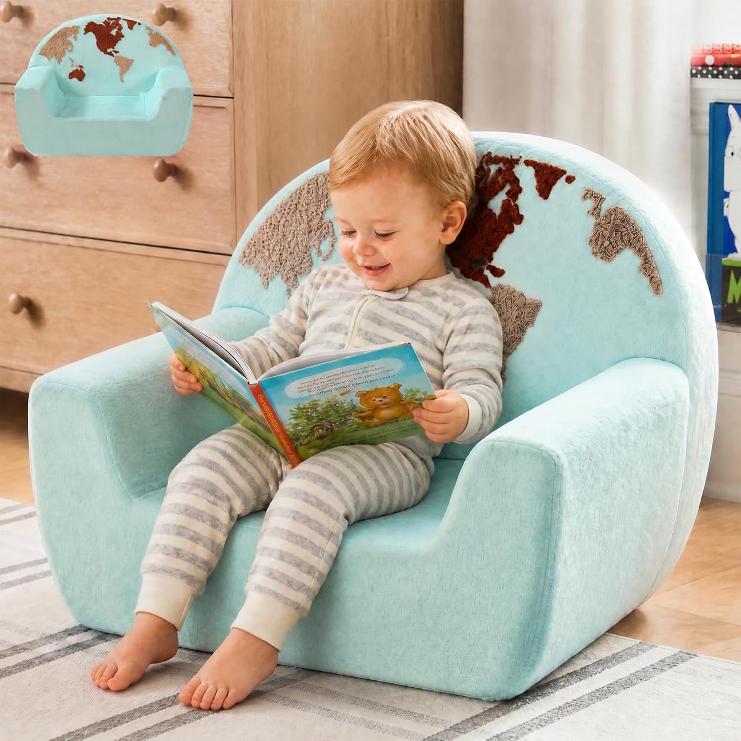 Kids Chair Comfy, Snuggly-Soft Toddler Armchair, Cuddly Kids Foam Chair for Boys and Girls, Portable Toddlers Reading Chairs, Toddler Chairs Comfy 1-3 Years Old, Colorful US Map Design, Blue