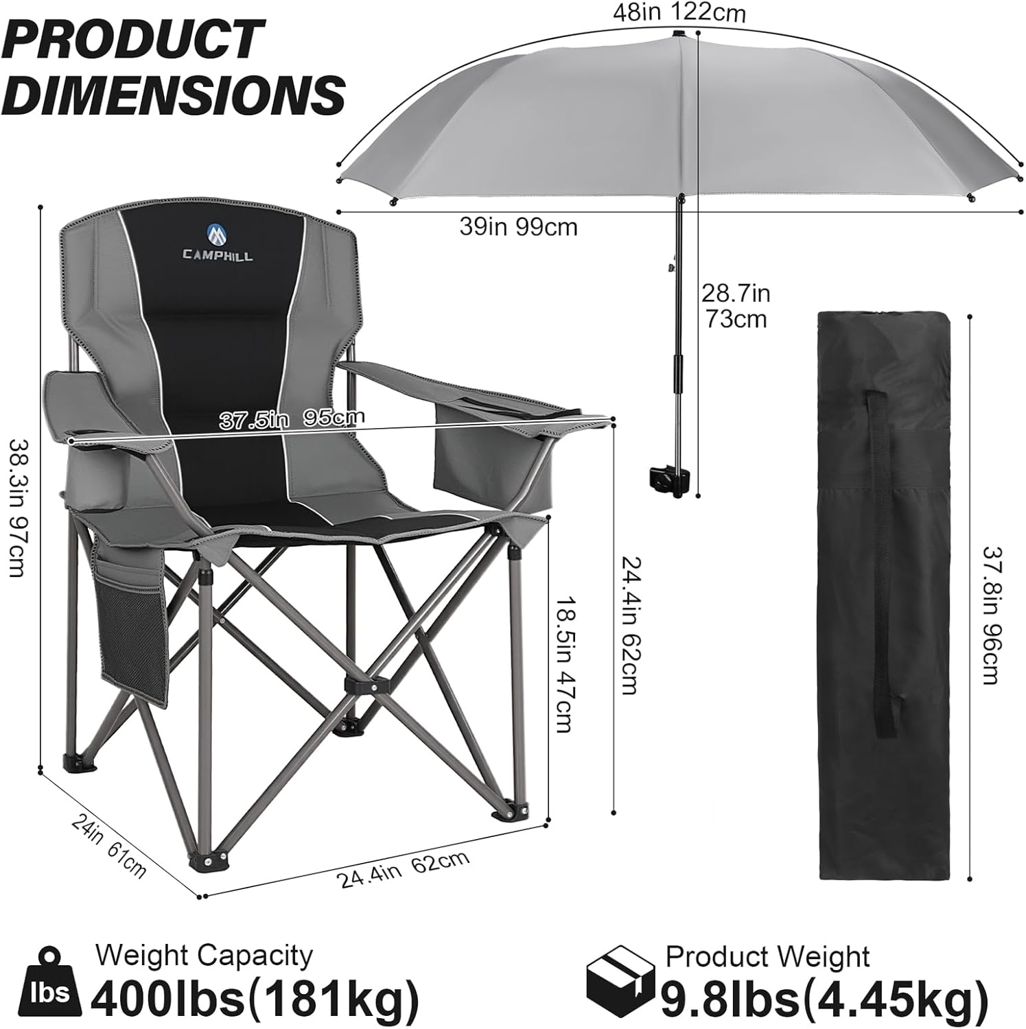 2 Pack Oversized Camping Chairs with Adjustable Umbrella-Folding Padded Lawn Chair with Backrest & Comfy Armrest-Heavy Duty for Beach Patio Picnic,Black