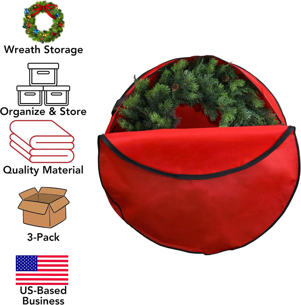 Iconikal 3-Pack Wreath Storage Bag with Handle 30-Inch Diameter Red Zippered Christmas Holiday Garland Organizer Tear-Resistant Protective Bulk Pack