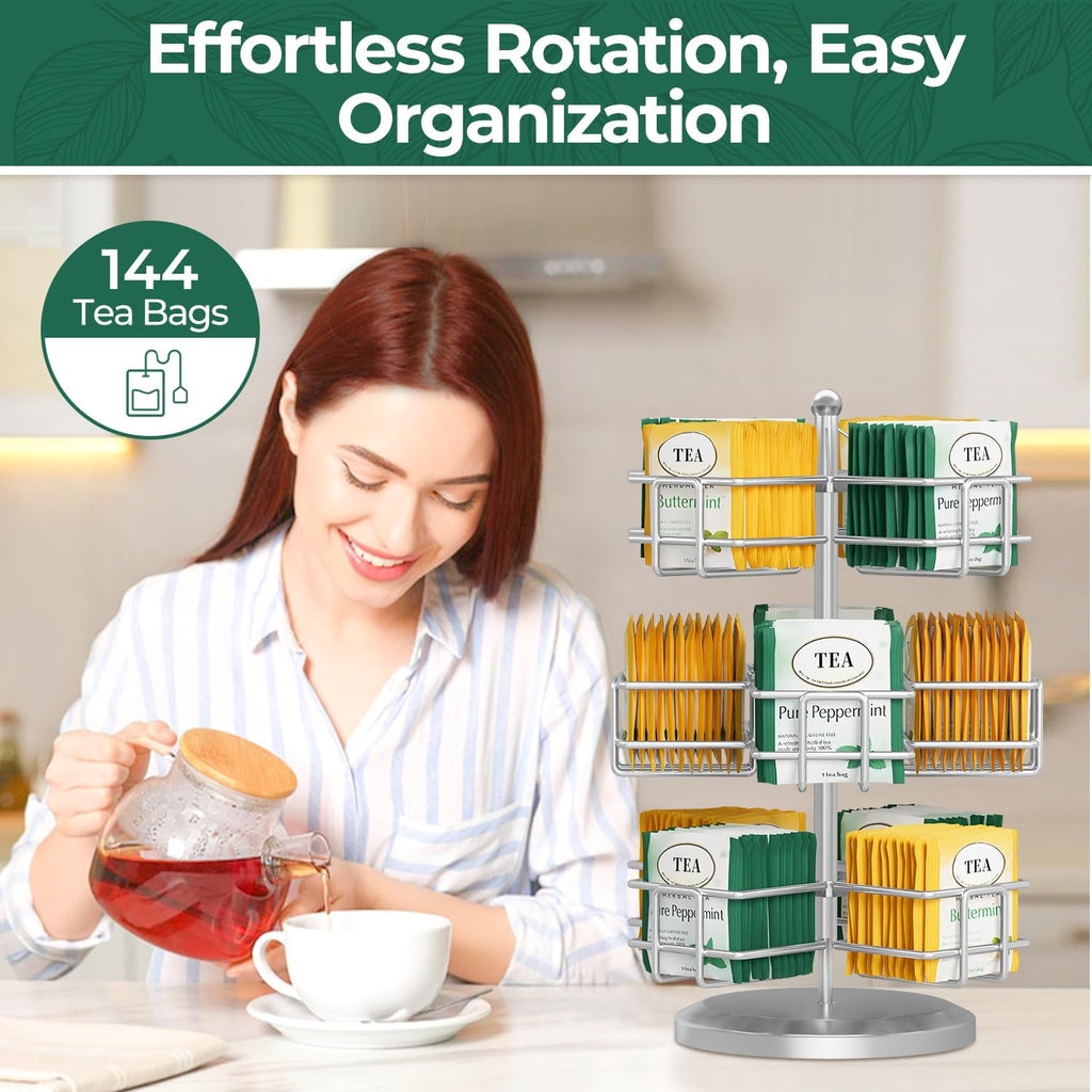 EsLuker.ly Tea Bag Holder Organizer for Counter, 3 Tier Metal Silver | Teabag Storage Rack, Spinning Carousel Packet Display Stand, Tea Organizer Station with Easy Access for Kitchen Office