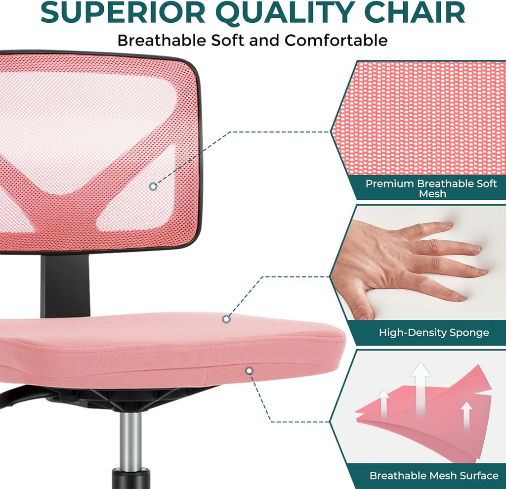 DUMOS Small Office Chair Armless, Ergonomic Adjustable Home Office Swivel Rolling Task Chair No Arms, Comfy Mesh Mid Back Computer Work Vanity Desk Chiars with Wheels for Small Spaces, Hot Pink