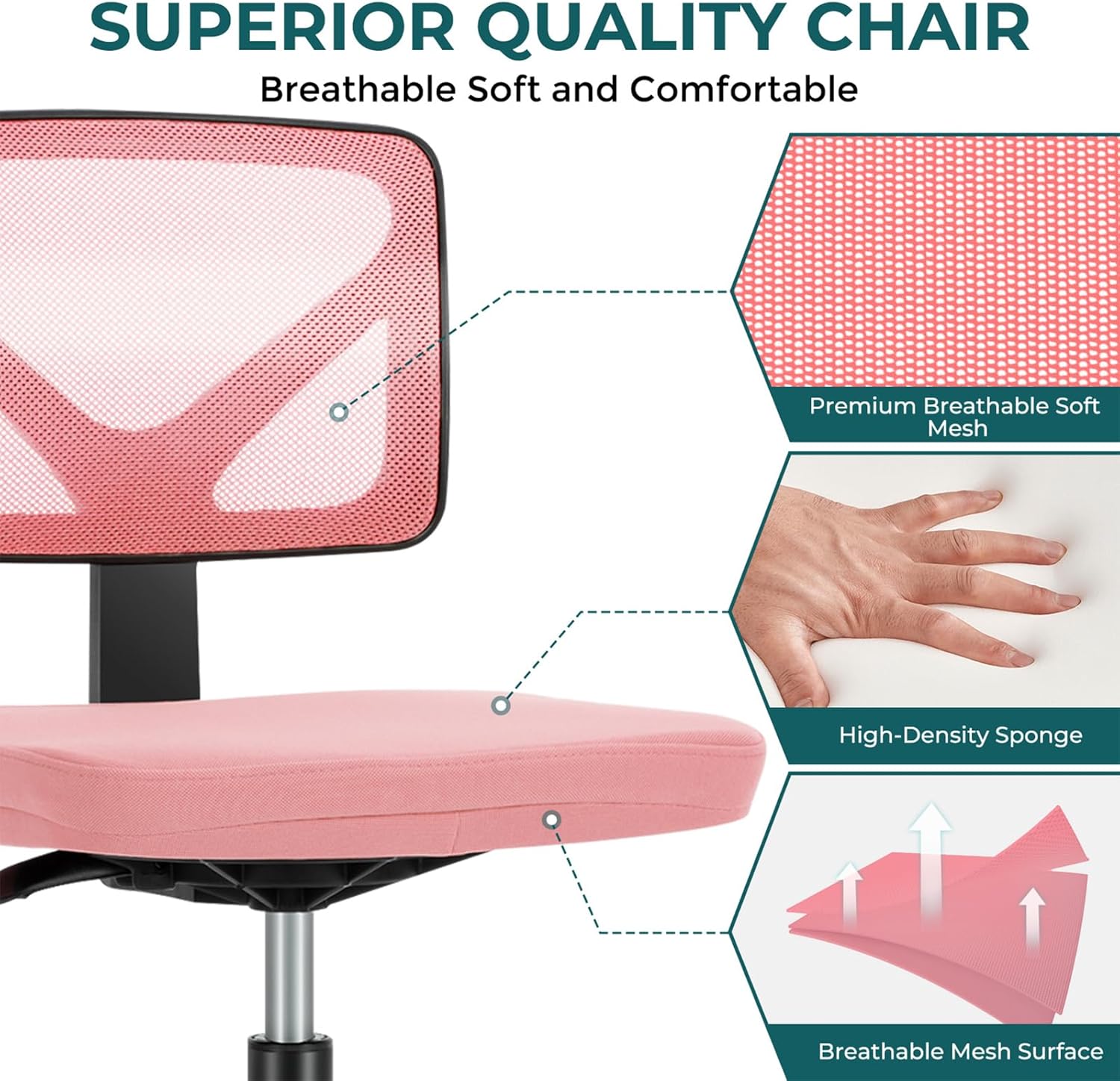 DUMOS Small Office Chair Armless, Ergonomic Adjustable Home Office Swivel Rolling Task Chair No Arms, Comfy Mesh Mid Back Computer Work Vanity Desk Chiars with Wheels for Small Spaces, Hot Pink
