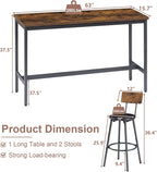 Bar Table and Chairs Set for 3, 63" L Rectangle Sofa Table with 3 PU Upholstered Stools, 4 Piece Industrial Counter Height Dining Table Set for Living Room Kitchen Restaurant, Brown