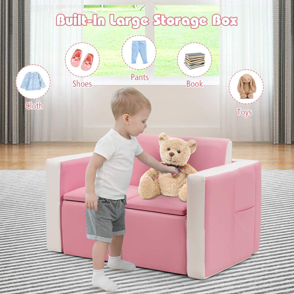 Costzon Kids Couch, 2 in 1 Double Seat Children's Sofa Convert to Table and Two Chairs for School, Storage Space, PVC Surface, Large Soft Kids Preschool Sofa Couch for Boys Girls Gifts (Pink)