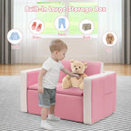 Costzon Kids Couch, 2 in 1 Double Seat Children's Sofa Convert to Table and Two Chairs for School, Storage Space, PVC Surface, Large Soft Kids Preschool Sofa Couch for Boys Girls Gifts (Pink)