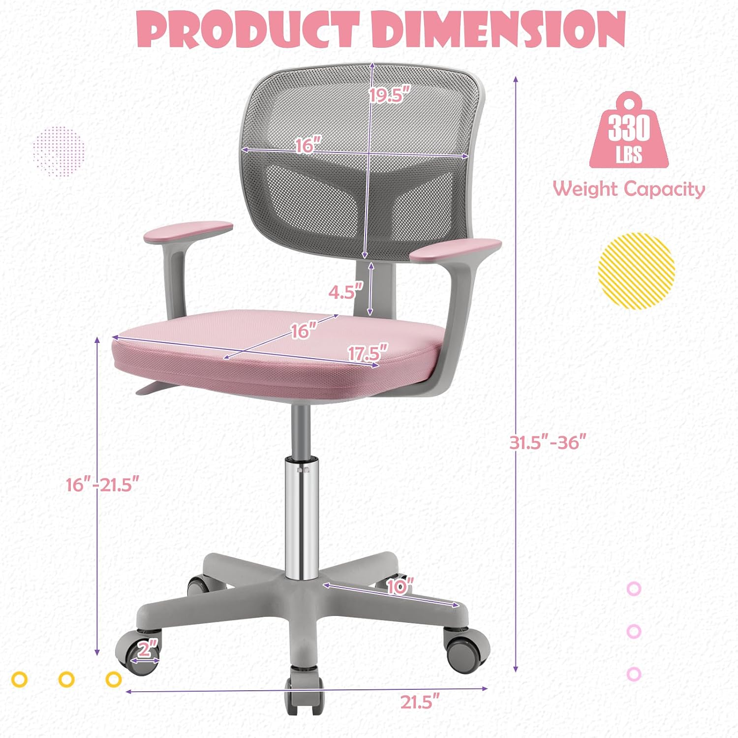 POWERSTONE Kids Desk Chair, Adjustable Mesh Computer Chair with Armrest, Soft Cushion and Mid Back Swivel Office Chair for Teens Students (Pink)