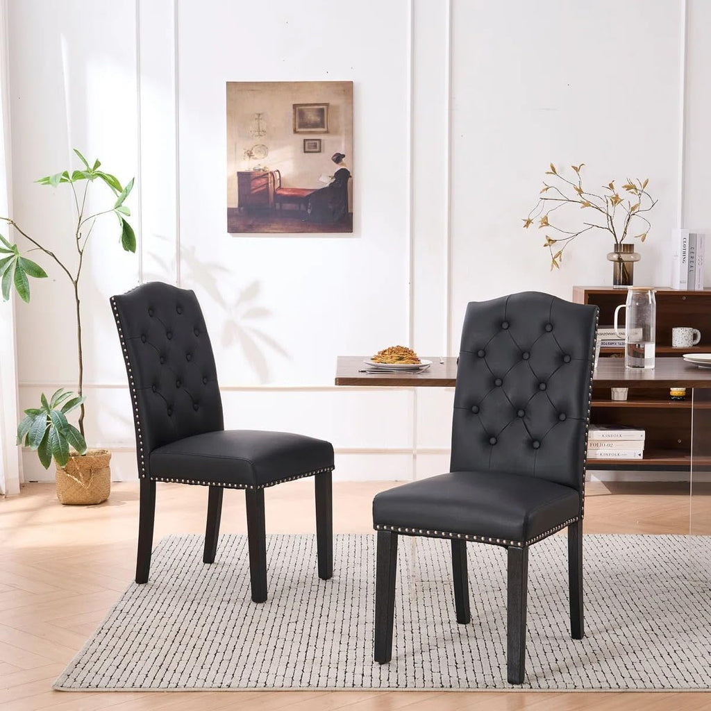Kosydown Dining Chairs Set of 2, Modern Upholstered Dining Room Chairs with Button-Tufted Back, Waterproof Faux Leather Side Chairs with Solid Wood Legs, 330lb Capacity Kitchen Chairs, Black