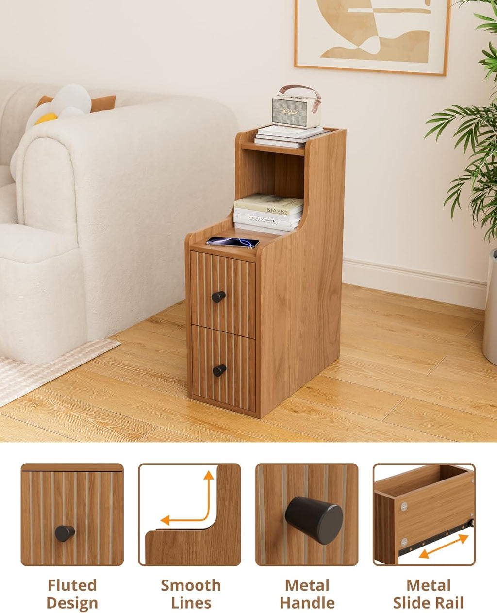 Narrow End Table Set of 2, Fluted Wooden Slim Side Table with 2 Drawers, Mid Century Modern Night Stand for Living Room, Bedroom, Walnut（No Charging Station）