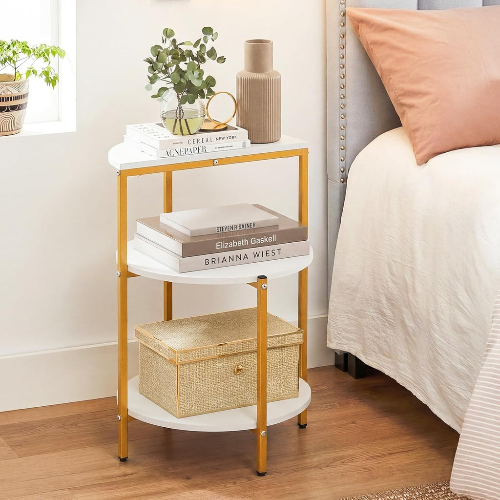 GOFLAME Gold End Table, Round Sofa Side Table with Storage Shelves 3-Tier, Metal Frame, Modern Bedside Tables, Narrow Compact Nightstand for Small Spaces, Living Room, Bedroom, White & Gold (2)